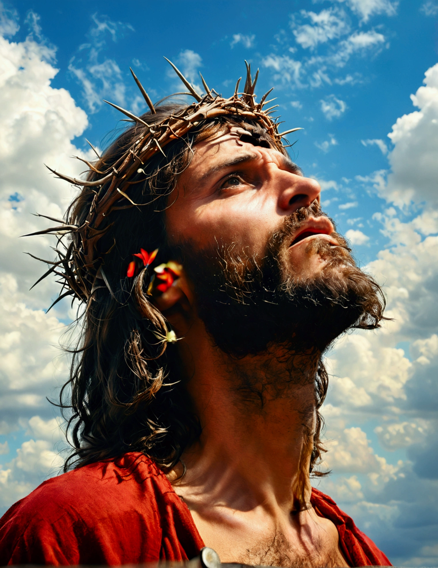 A photorealistic photo capturing Jesus on the cross, with a panoramic view looking directly at Him. ((crown of thorns on the head)). The focus of the image is on the face of Jesus as He looks up to the sky, Gasping for air in the midst of His crucifixion. The scene takes place outdoors, with a clear sky in the background. Lighting should be dramatic, emphasizing the emotional intensity of the moment, with rays of sunshine breaking through the clouds to create a sense of divine presence.