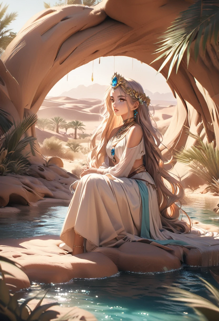 a cute desert princess, sitting down in a small oasis in the desert, combing hair with both hands:1.5, national costume of desert people, desert creatures watching around her, detailed face, beautiful eyes, long eyelashes, detailed lips, intricate jewelry, flowing hair, shimmering water, lush desert foliage, warm desert lighting, desert and oasis landscape back ground, soft pastel colors, cinematic composition, photorealistic, 8k, high quality, digital art