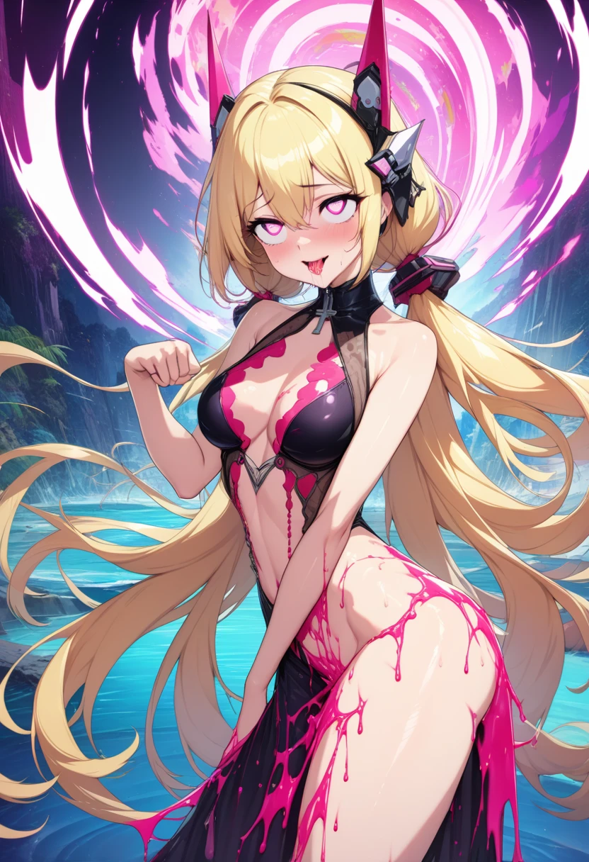 (masterpiece),(Highest quality),(Super detailed),(Best illustrations),(Best Shadow),(Absurd),(Detailed Background),(so beautiful), 16K, 8K,(Best illustrations),(Best Shadow), (so beautiful)angelabalzac, angelabalzac outfit, One person, alone, curby, , very long hair, , Blonde, , fluorescent pink eyes, expelled from paradise, , , Oculogyric crisis, low twintails, Perfect figure, heart-shaped pupils, , , paw pose, Arched back, , , orgasm, afterglow, erotic smile, , Star-shaped hair fastening, Wire Headgear, , , , , Sexy posture, dynamic pose, , cross-eyed, rolling eyes, , water eyes, , , , , , saliva trail, , shiny skin, Taking illegal drugs, , torogao, ahegao, BREAK, , Dramatic lighting, Psychedelic Background, Clear liquid, , night, , Hypnosis assignment, Torrent of Light, mysterious, spoken hearts,