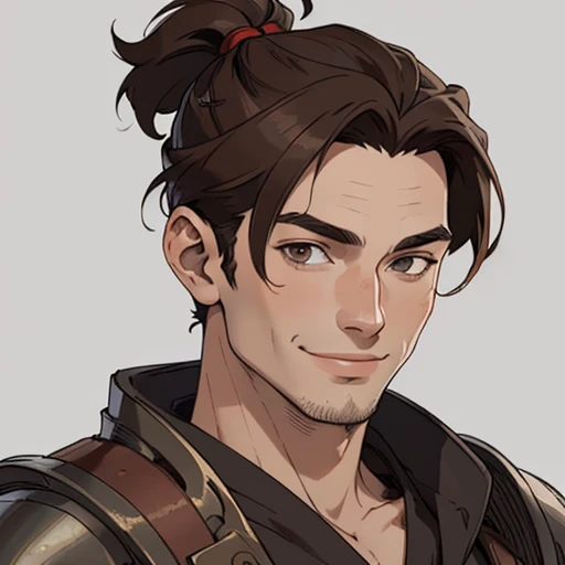 (masterpiece), (best quality),(portrait),(bust up),1boy,solo,(sharp focus),((look at viewer)),warrior,(brown hair),very short hair,pony tail,smile,adult, (ancient:1),ancient luxurious long clothes,old school fantasy art,((simple background)),super shiny face,Ultra Glossy Skin,