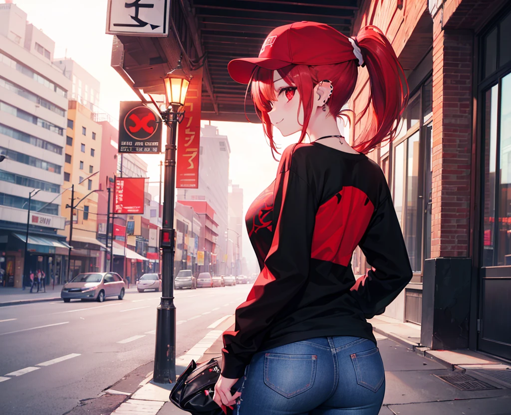(Close-up:1.3),Realistic,Highest quality, Ultra Detail, High-quality CG rendering, The most delicate and beautiful, Floating softly, High resolution, (1 girl), (Highest quality,4K,8K,masterpiece:1.2),(All red hair:1.5), (ponytail:1.5),(Red eyes:1.5),(Slightly larger breasts:1.2), (White oversized long sleeve T-shirt:1.3),(Black skinny jeans:1.3),(Black baseball cap:1.3),In the city,old buildings,(Turn your back to your audience:1.3),Butt,Are standing,smile,(Piercing in left ear:1.3)