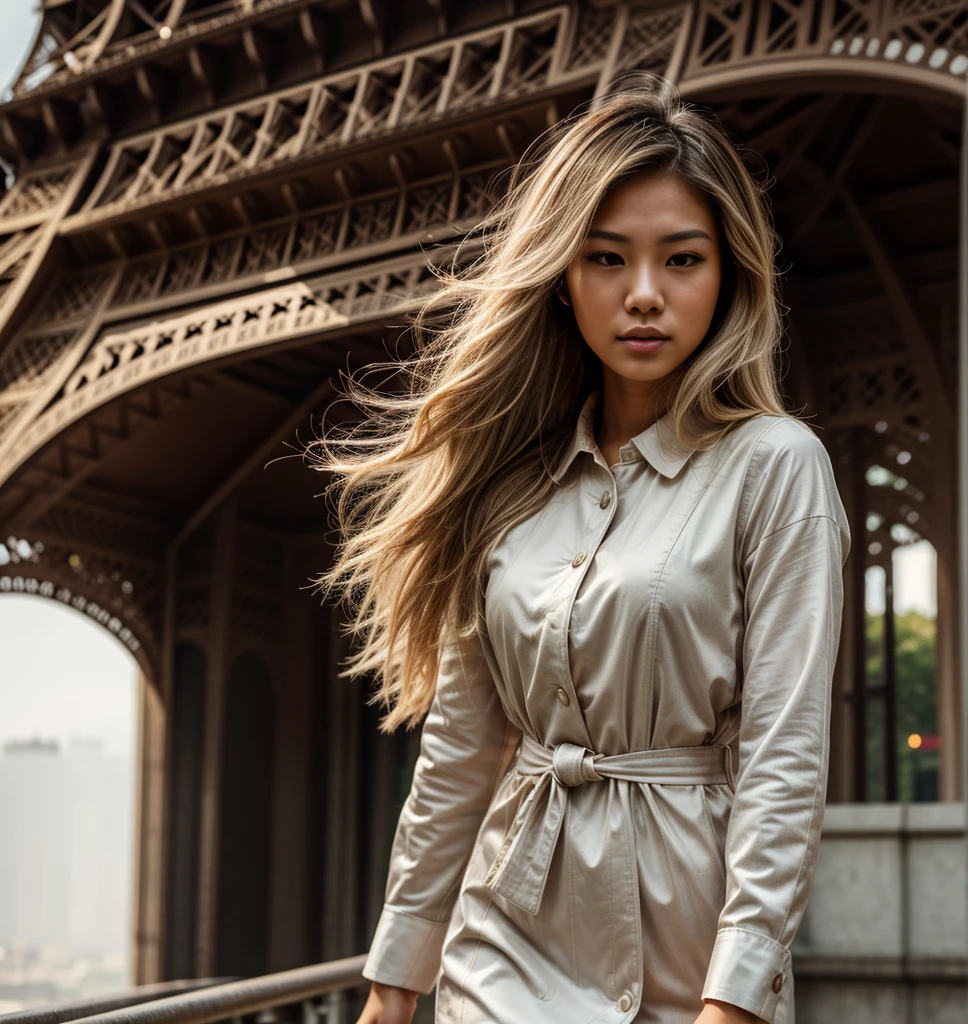 I want my 25 year old model with Asian looks ,hair flip blonde, sensual style, perfect skin with pores and micro hairs, low light, work of art, best quality image, natural casual style, dynamic posture, in formal wear next to the Eiffel Tower