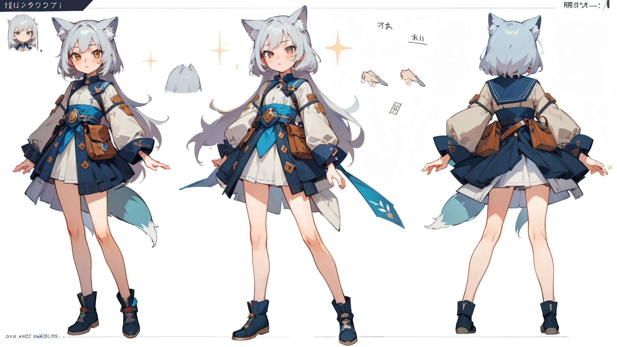 ((masterpiece, Highest quality)), ((tsurime)),Detailed face, Character Sheet, Full Body Lesbian, One girl,show,Full of details, Various poses and expressions, Very detailed, depth, A graceful wild fox girl with mostly silver hair, Sparkling eyes, Delicate skin, 青い髪のYouTuberCharacter Sheet, whole body, sexy