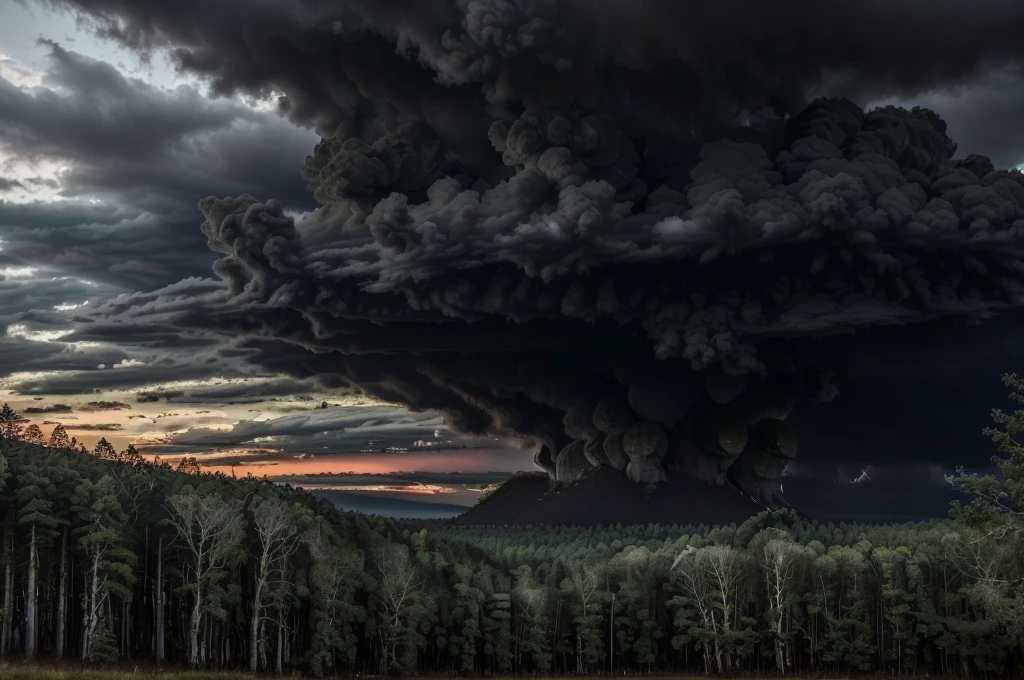 (((Masterpiece))), (high quality), (In the forest at dusk,The camera is in the forest:1.5),There are lots of big trees around,(It is surrounded by dozens of trees.:1.5),(Black clouds cover the sky:1.5),The Storm is Coming,There are large trees all around, and I'm looking up at them.,Realistic