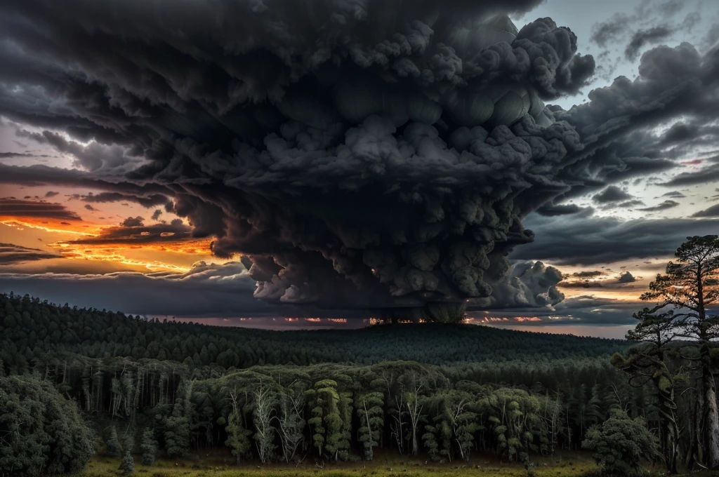 (((Masterpiece))), (high quality), (In the forest at dusk,The camera is in the forest:1.5),There are lots of big trees around,(It is surrounded by dozens of trees.:1.5),(Black clouds cover the sky:1.5),The Storm is Coming,There are large trees all around, and I'm looking up at them.,Realistic
