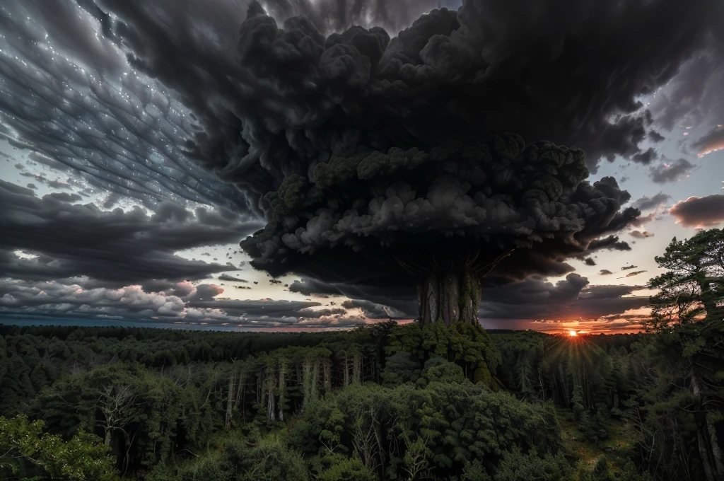 (((Masterpiece))), (high quality), (In the forest at dusk,The camera is in the forest:1.5),There are lots of big trees around,(It is surrounded by dozens of trees.:1.5),(Black clouds cover the sky:1.5),The Storm is Coming,There are large trees all around, and I'm looking up at them.,Realistic
