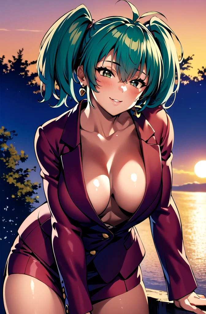 ((masterpiece,best quality, detailed)), 1girl, solo, outdoors, garden, upper body, sunset,
ryofu housen, magatama earrings, blazer, single earring, smile, parted lips, cleavage