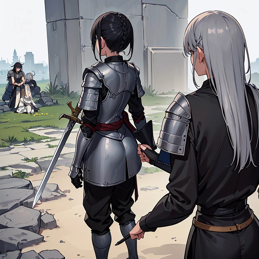 Best illustrations、Best Quality、(((Simple grey armor、Black trousers、Black glover.々Hairstyle、Mr.々Hair color)))、(((Grab the sword、Get Ready)))、(Old ruins、desert。Grass)、Fall to the floor、(Black, muddy swamp)、(仮面の中世の騎士が10 people)、(get annoyed、anxiety、impatience、Open your mouth、shout)、(lots of medieval knights、10 people)、battlefield、(From the back、Back view、back view)、(White background)