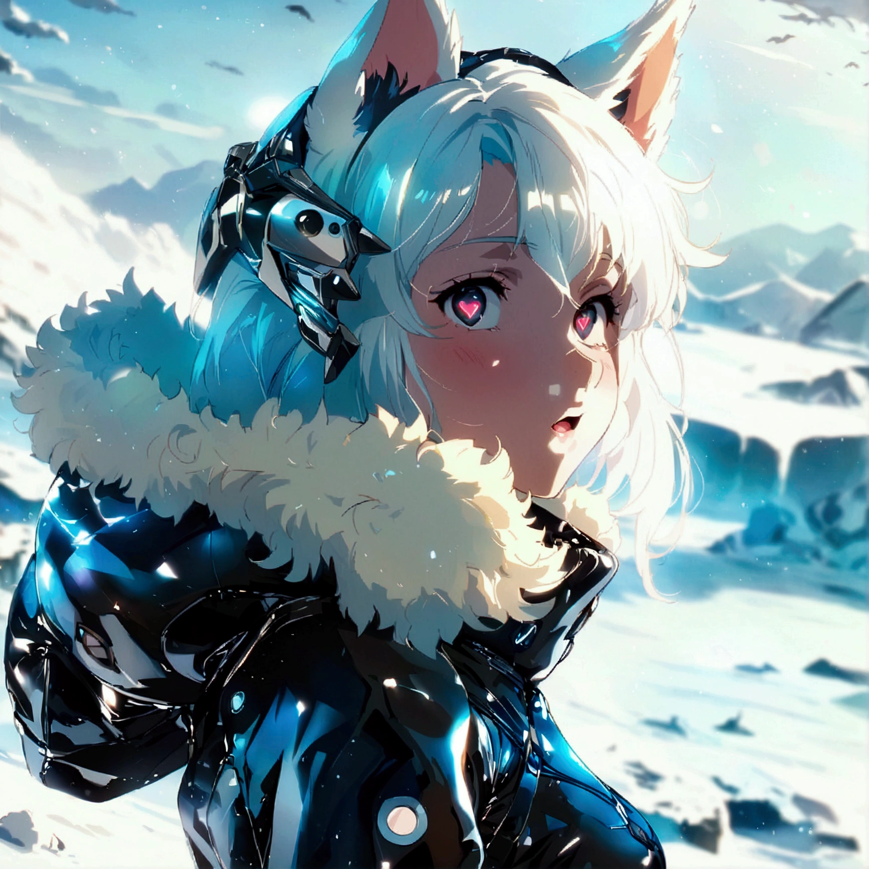 Masterpiece, High quality, High quality of art, best quality, best details, anime lineart, anime artstyle, 2d anime girl, anime girl, solo, 1girl,white hair, white skin, black eyes, white fur Coat, white hearts in eyes, Black futuristic latex and titanium clothing with a coat, in future base in Antarctica