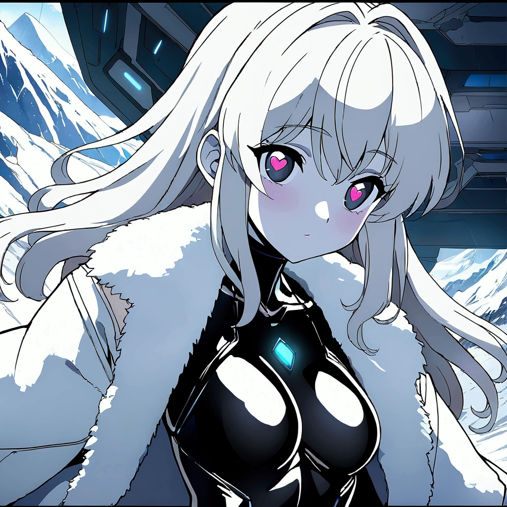 Masterpiece, High quality, High quality of art, best quality, best details, anime lineart, anime artstyle, 2d anime girl, anime girl, solo, 1girl,white hair, white skin, black eyes, white fur Coat, white hearts in eyes, Black futuristic latex and titanium clothing with a coat, in future base in Antarctica