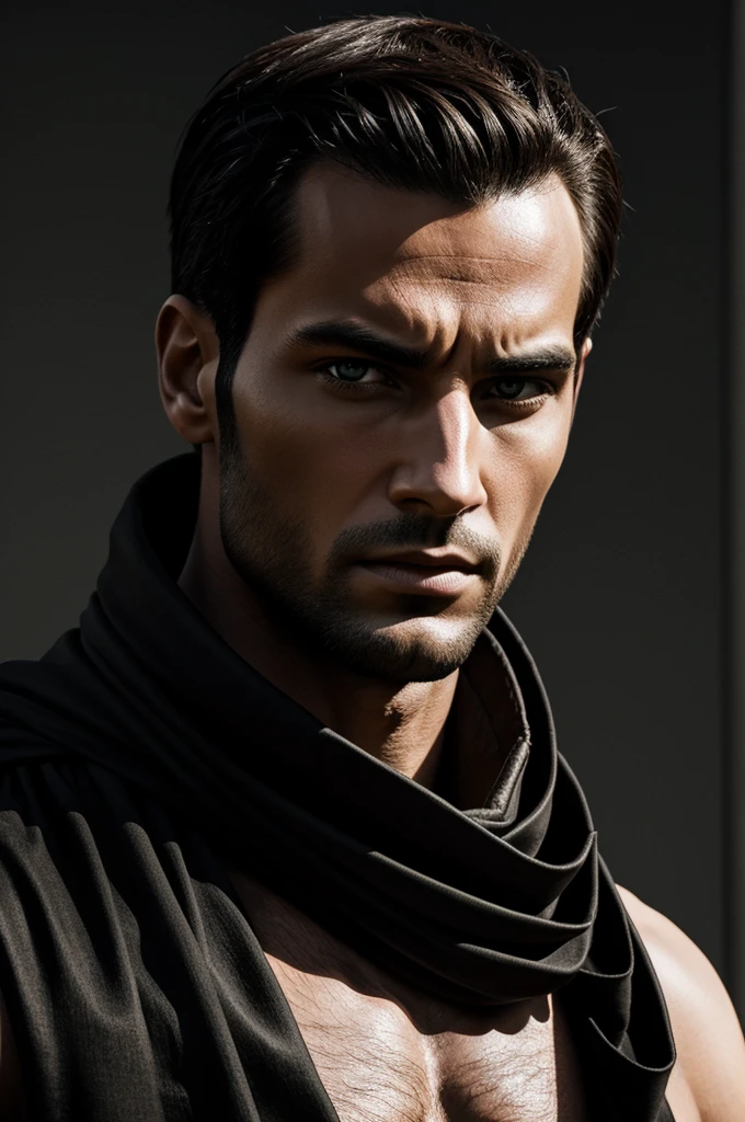 Drawn of an android man, staring straight ahead , with a black background and realistic stole