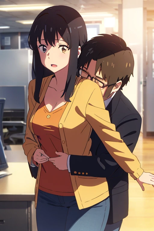 shinkai makoto, kimi no na wa., middle aged man, bangs swipe to the right, office suite, wrinkles, middle aged man touching girl breast,breastgrope from behind, passionate hug, middle aged man is hugging from behind, kiss shoulder, 1girl, bangs, black hair, brown eyes, open mouth, Twisted Half Up, red ribbon, long hair, long sleeve light yellow cardigan, off should cardigan, open shirt, yellow shirt, cleavage, breast, medium breast, Orange shirt, orange jeans, indoors, mall, masterpiece, perfect anatomy, cowboyshot,
