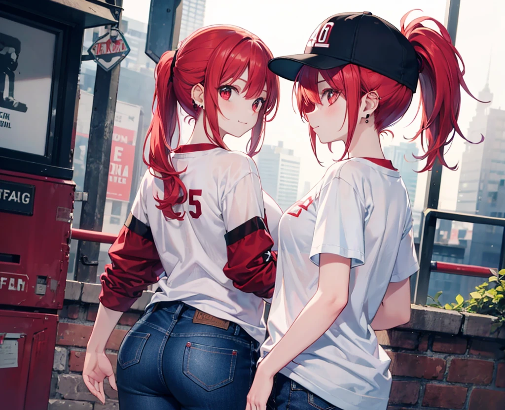 (Close-up:1.3),Realistic,Highest quality, Ultra Detail, High-quality CG rendering, The most delicate and beautiful, Floating softly, High resolution, (1 girl), (Highest quality,4K,8K,masterpiece:1.2),(All red hair:1.5), (ponytail:1.5),(Red eyes:1.5),(Slightly larger breasts:1.2), (White oversized long sleeve T-shirt:1.3),(Black skinny jeans:1.3),(Black baseball cap:1.3),In the city,old buildings,(Turn your back to your audience:1.3),Butt,Are standing,smile,(Piercing in left ear:1.3)