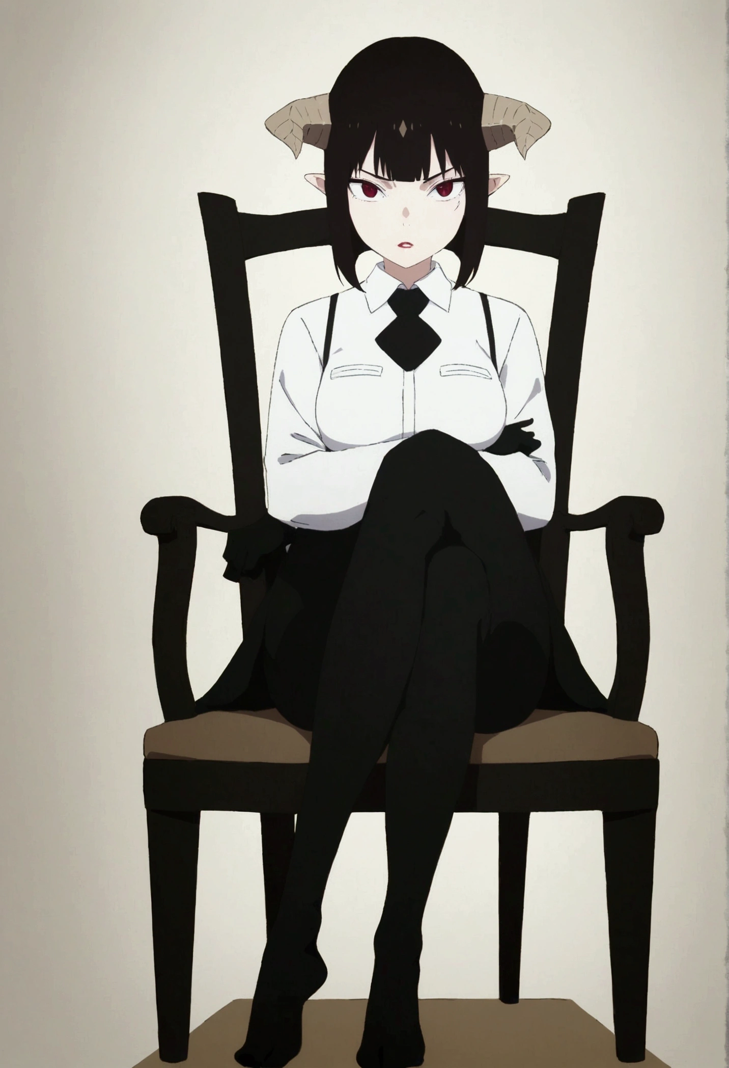 (work of art, ultra detali,high resolution,8K), 1 girl ,standing alone,hinterland,Look to viewer, TochaTortura, trunk,sheen,brunette skin,sitting on a chair,legs crossed,,black socks,horns on head,serious look,staring overhead,grinding your teeth