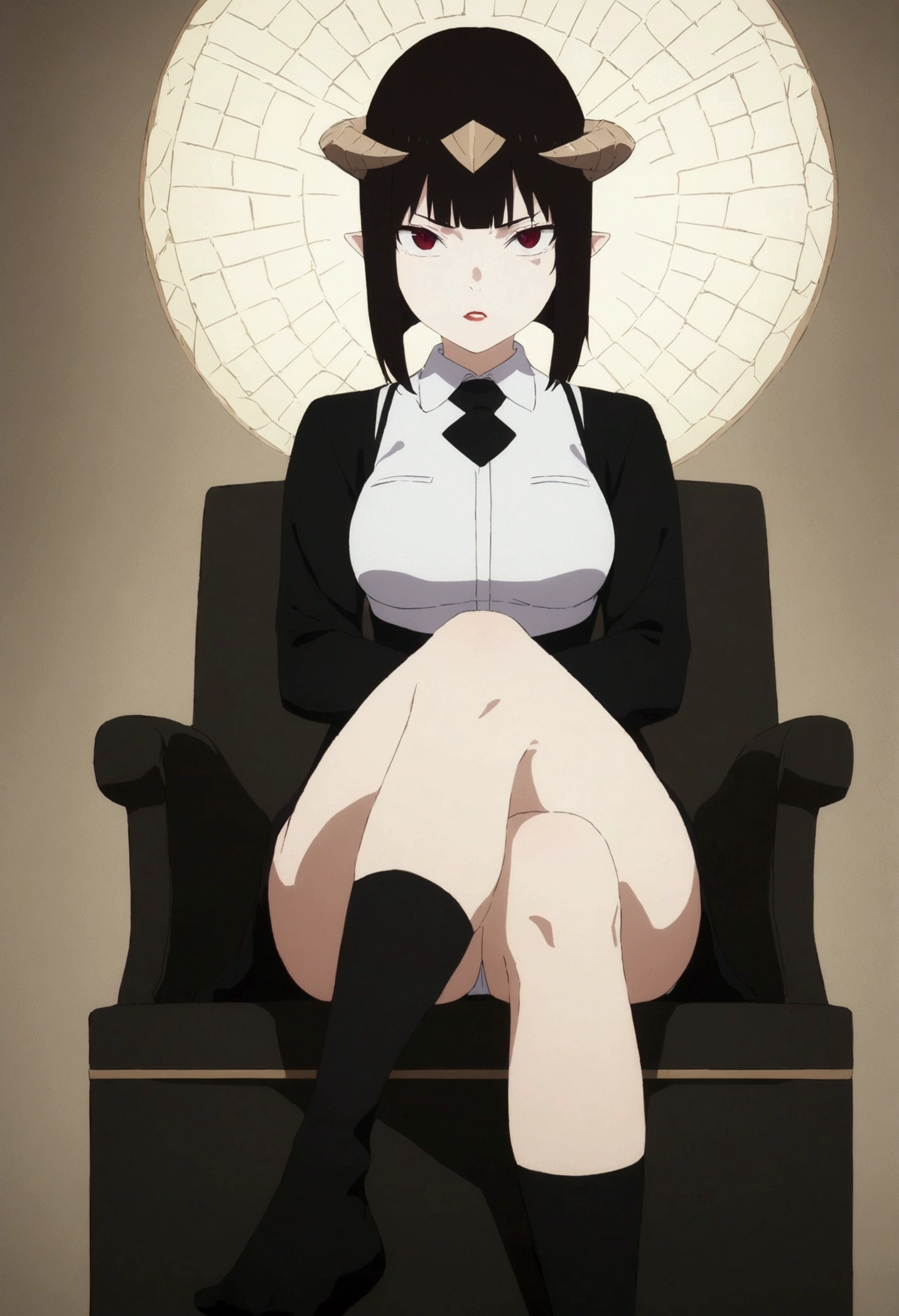(work of art, ultra detali,high resolution,8K), 1 girl ,standing alone,hinterland,Look to viewer, TochaTortura, trunk,sheen,brunette skin,sitting on a chair,legs crossed,,black socks,horns on head,serious look,staring overhead,grinding your teeth