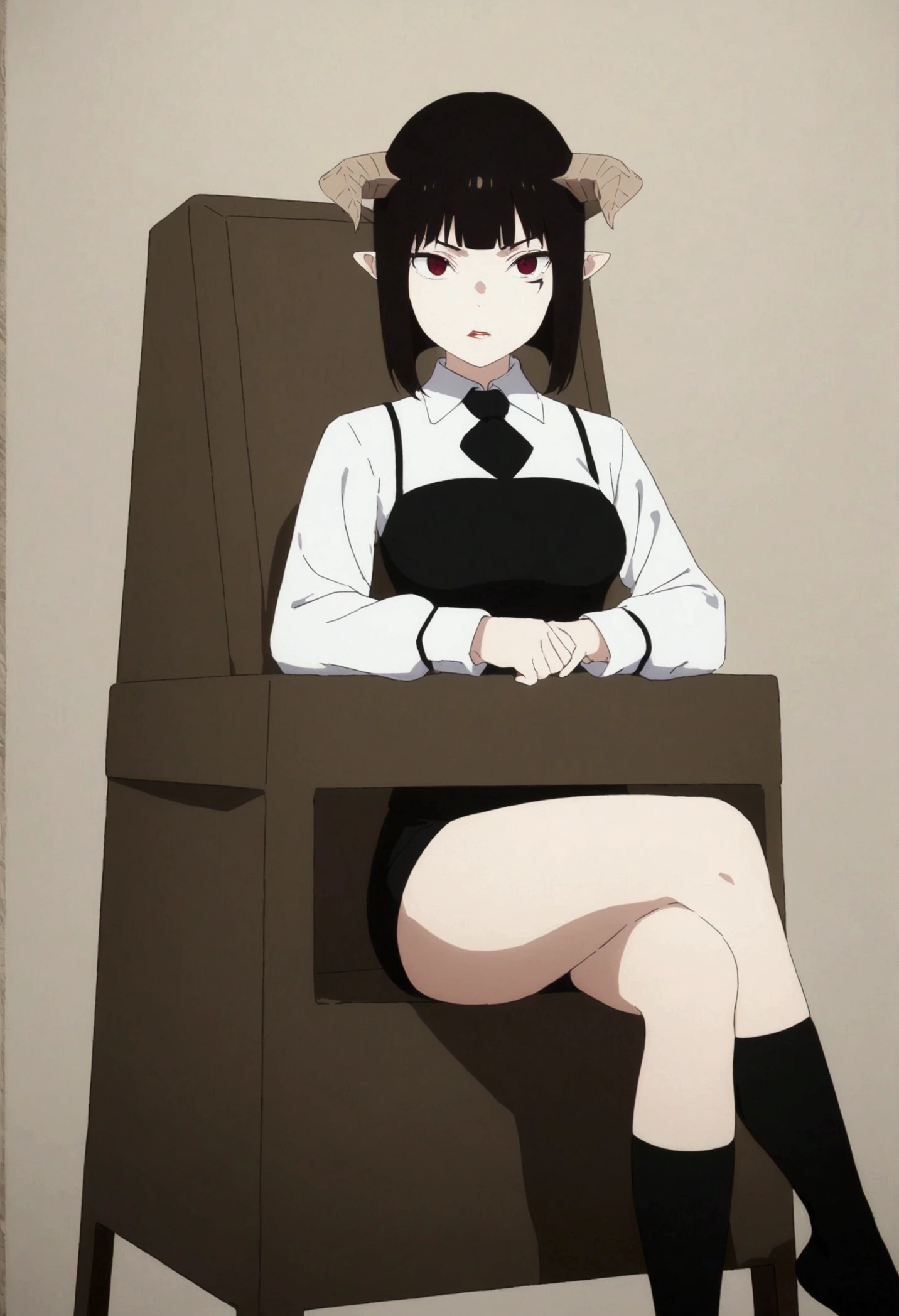 (work of art, ultra detali,high resolution,8K), 1 girl ,standing alone,hinterland,Look to viewer, TochaTortura, trunk,sheen,brunette skin,sitting on a chair,legs crossed,,black socks,horns on head,serious look,staring overhead
