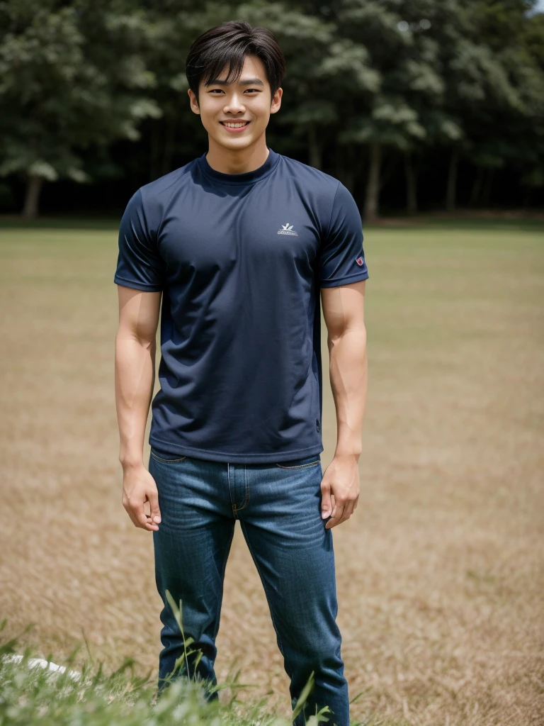 独奏: 1.5, (As a matter of fact, Masterpiece, 8k HD, good light quality, sportswear, fit the face, complicated details), A handsome Korean young man with muscular arms. , 20 years old, be happy, smile brightly, detailed face, delicate eyes, look at the sky, Wear a navy tight T-shirt.:1.6 ,Wear a denim coat., jeans period, black eyes, Black hair color, ผมsmooth, smooth，Surreal，Awesome details，Highest quality，real，Open your mouth to talk. , Close your eyes., (standing in the grass:1.5)