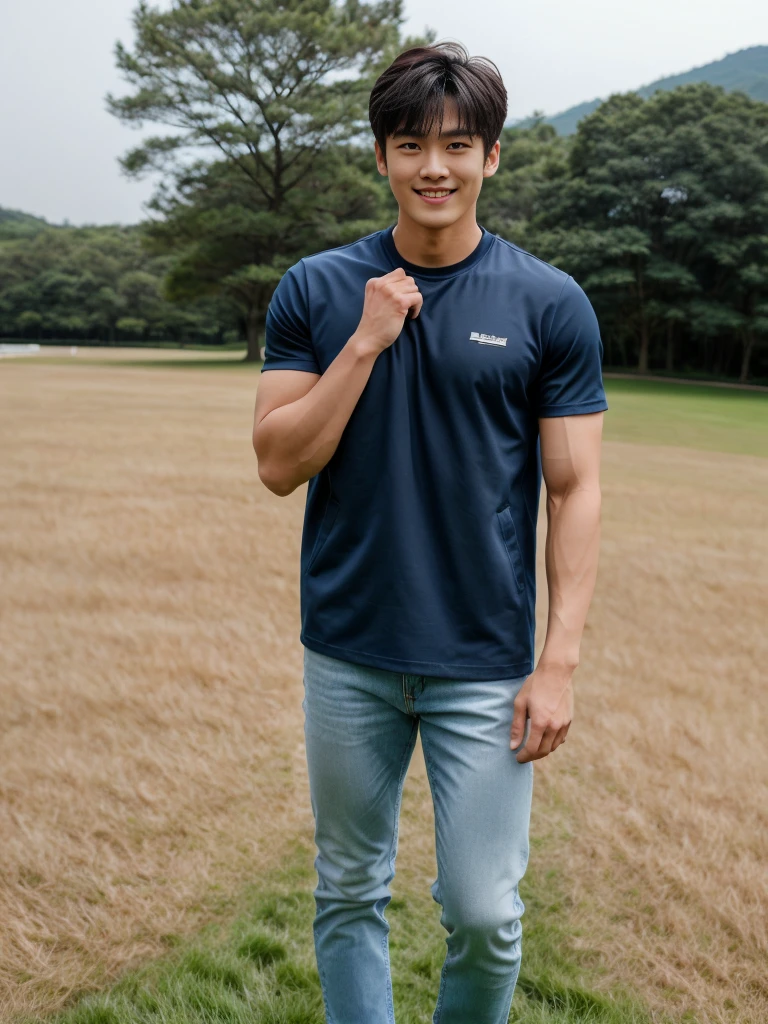 独奏: 1.5, (As a matter of fact, Masterpiece, 8k HD, good light quality, sportswear, fit the face, complicated details), A handsome Korean young man with muscular arms. , 20 years old, be happy, smile brightly, detailed face, delicate eyes, look at the sky, Wear a navy tight T-shirt.:1.6 ,Wear a denim coat., jeans period, black eyes, Black hair color, ผมsmooth, smooth，Surreal，Awesome details，Highest quality，real，Open your mouth to talk. , Close your eyes., (standing in the grass:1.5)