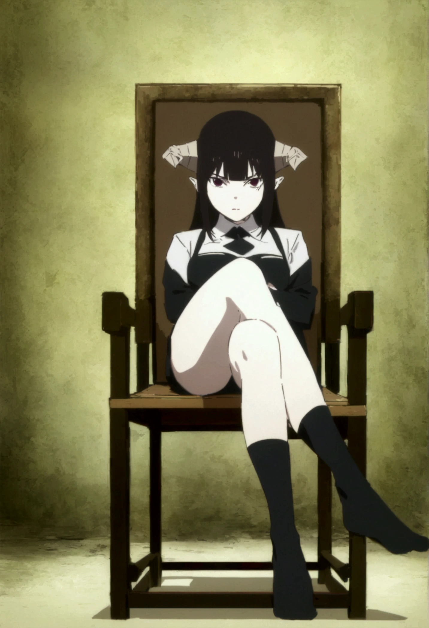 (work of art, ultra detali,high resolution,8K), 1 girl ,standing alone,hinterland,Look to viewer, TochaTortura, trunk,sheen,brunette skin,sitting on a chair,legs crossed,,black socks,horns on head,serious look,staring overhead