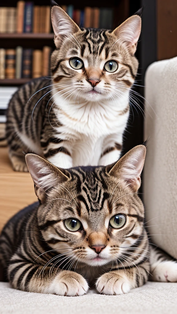 "Create a realistic close-up portrait of a cute small cat. The background should depict a modern house interior, with stylish furniture and a cozy atmosphere."