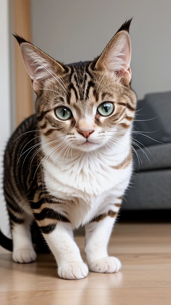 "Create a realistic close-up portrait of a cute small cat. The background should depict a modern house interior, with stylish furniture and a cozy atmosphere."