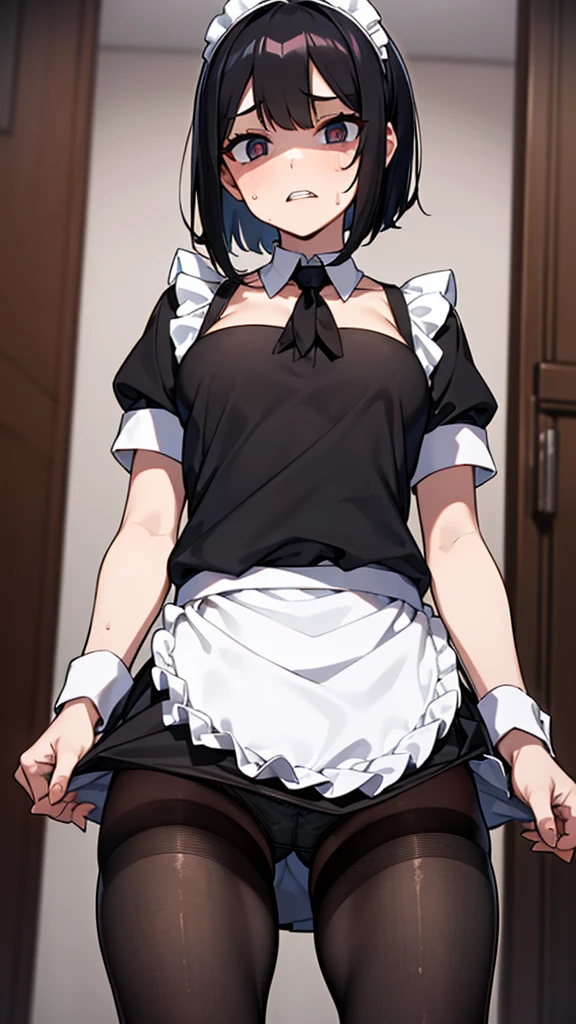 masterpiece,Highest quality,One girl,Maid,Black Bob,Black apron dress,Small breasts,Black Pantyhose,Low Angle,Looking into the camera,（Sharp eyes）,Glare,Contemptuous Eyes,（Hollow Eyes）Through clenched teeth,Sweat,（Raise your skirt yourself）,Panty shot,（Panties through pantyhose）,Camel-to-Focus,（From below）,Raise one leg,throw