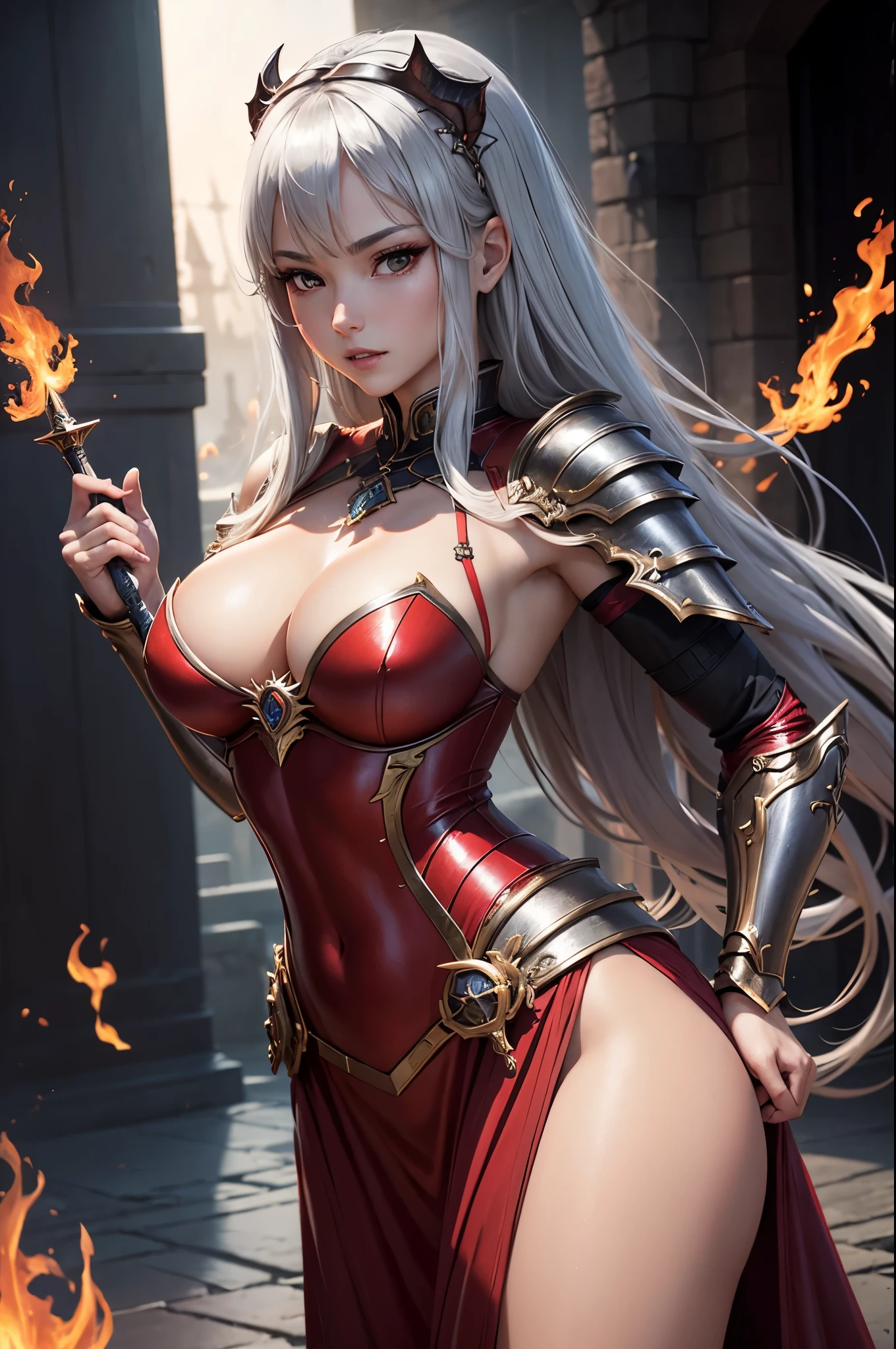 8K、赤いFlame-themed chest armor,A bewitching succubus in gorgeous red armor.,so beautiful(Like the real thing)、A long skirt with a luxurious red flame motif.,An Al-Afed woman poses for a photo with a sword and armour、Beautiful wavy silver hair、Big and ample breasts、Flame-themed chest armor(red and silver)2。5d cgi anime Fantasy artwork、Fan Art Mayor Art Station、デジタルFantasy art)、Big blow Loss Draw、Woman in armor、壮大なFantasy artスタイル、Beautiful Succubus、Charm、Beautiful fangs、Looking at the audience、Captivating Gaze、Laughter、masterpiece,masterpiece,Photorealistic RAW photos of the highest quality。Bright colors,Rich colors, Backlight, Cinema Lighting, Film Grain, to be born, 50mm lens, Nikon D850,Realistic Skin,Fantasy art,Character Art,Ultra-high resolution,Realistic scale skins,Goddess of Evil,Muscular Beauty,Extremely stiff abs,