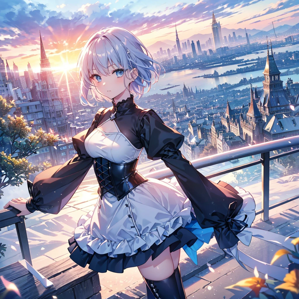 Illustration of one person, Dengeki Bunko, Woman Looking Back, Perfect Human Medicine, Woman keeps falling, {{{{{Maid clothes}}}}},Small Tits,anime, Two legs, Cool,{{{{{50 year old woman}}}}} ,{{{{{a person is depicted}}}}},(Official Art、{{{{{Upper Bodyアングル}}}}},Highest quality、Unity 8k wallpaper、32k、masterpiece、Ultra-detailed、Ultra-high resolution, Realistic、Grab your hair with your hands, Photorealistic:1.2)、(Cinema Lighting:1.2)、,Fire Glow Effect、The most grainy shadows on the film、Rim Light、Side light、Side Shot、(Ultra-detailedで複雑な3Dレンダリング)、Very short hair, Short wolf hair,細部までBeautiful Faceと目、Sharp pupils、Realistic生徒、Slender、Highly detailed background、Beautiful Face、Beautiful 16 year old girl、(Ultra-detailedなスキン、Detailed skin texture:1.Silver Hair:1.3)、Blunt bangs、blue eyes、{{{{{黒いMaid clothes}}}}}、White apron costume、Black knee socks、(Thighs Thighs Thighs Thighs:0.8)、Black Bhutanese sticks and a beautiful sunset、Medieval castle、Dancing on the Tower Roof、(avert your eyes、Overlooking the city:1.3)、Fantastic、Close your mouth and bite, Makes your face smaller, (Tabletop), Highest quality, Perfect Face, 1 Girl, alone, Eye color is light blue, Hair between the eyes, Very Short Hair, blue eyes, Silver Hair, Knee-high boots, corset,Black gloves, Long sleeve, Upper Body,