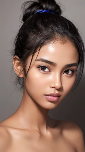 raw photo of beautiful female, looking at camera, centered portrait upper body, Miss Somalia, slim perfect face, natural look, playmate, wavy hair, wet hair tied in a bun, supermodel, wet skin, jet-black skin, blushing cheek, very very small bust, closing eyes, feeling ecstasy, nude skin, in photo studio