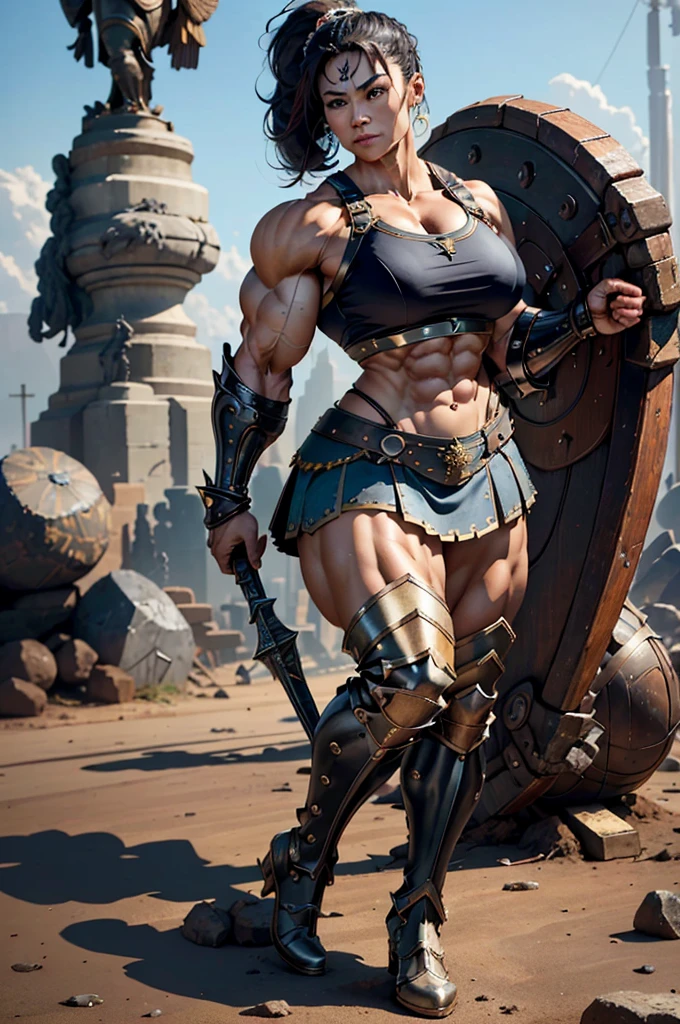 (Best lighting) , (Very intricate details) , 4K Integration, (Super fine CG: 1.2) , (8K: 1.2),(original), (masterpiece) , (Highest quality),(masterpiece:1.4),((Full  images))、Photo quality,(masterpiece),masterpiece, Highest quality, Absurd,((Masterpiece, 4K, 8K, High resolution)),(masterpiece), (Highest quality), (Super detailed), (Very delicate and beautiful), ((Full body image 1:1.5)), 1 female,　The face of a 40-year-old Western woman、A beautiful, well-balanced face、 ((A woman with a muscular body like a male bodybuilder)),((Huge muscular physique))、((A 200cm tall woman))、Giants Women、((Beautiful woman)),((Woman warrior)),45 year old mature woman, Wearing Valkyrie Metal Armor、((Metal armor that resembles a thick chest and abdominal muscles))、((Metal armor covering the upper body))、mini skirt、Valkyrie's Helmet、Very strong legs、((Long boots with pin heels))、((kneehigh boots))、Wields a large spear as long as his height、A spear weighing 60 kg、Medieval streetscape,Strength and elegance,Solemn atmosphere,((The Queen's Appearance))、((The Strongest Queen of Mankind))、(Huge muscular physique),((Protruding veins))、((A woman with a toned chest like a male bodybuilder))、Raised trapezius muscle、very thick neck、((Strong arms with bulging biceps))、A muscular chest、Six-pack、((Thick thighs with bulging muscles))、Exposed thighs、((Bicep-like calf muscles))、Overflowing with incredible strength、Muscles bulging out from under the force of force all over the body、Black Hair、ponytail、A commanding presence,Poses that show off their monstrous power,Model standing、Standing with dignity、Vibrant colors,Down to the smallest thread,Impressive level textures,Sharp focus,((A strong Valkyrie captain)),((A powerful Valkyrie captain)), 
