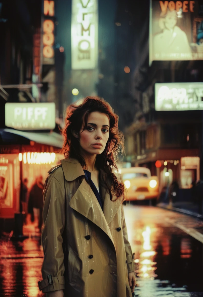 Photo of a young woman with trench coat amidst pouring rain standing on a street in New York at 1960s, looking at the camera, night, (retro car 1:1)