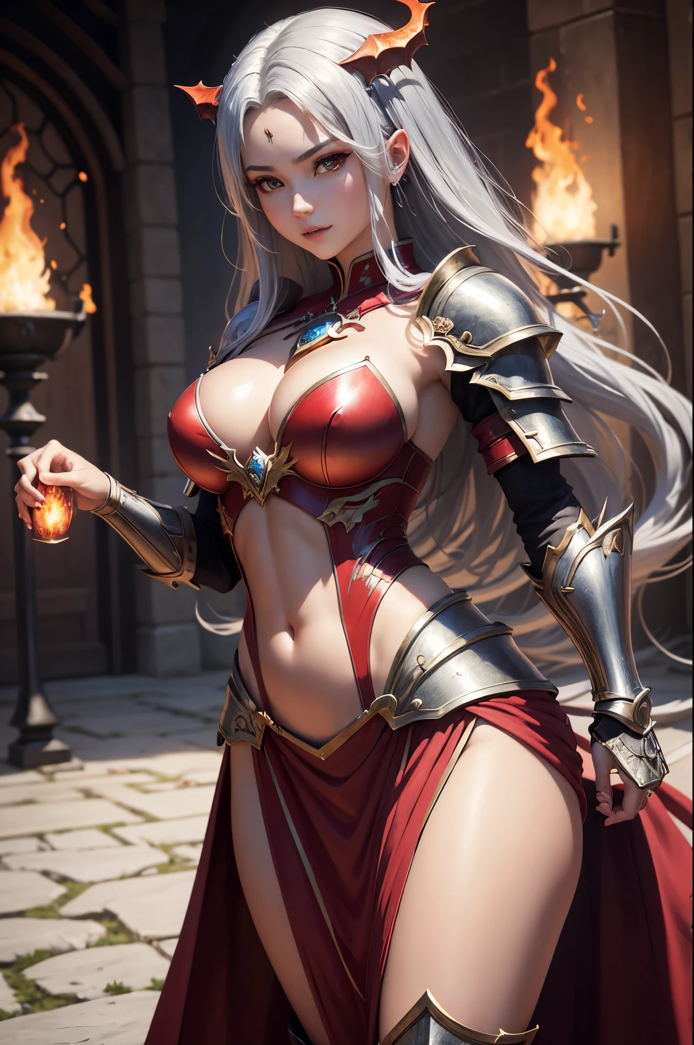 8K、赤いFlame-themed chest armor,A bewitching succubus in gorgeous red armor.,so beautiful(Like the real thing)、A long skirt with a luxurious red flame motif.,An Al-Afed woman poses for a photo with a sword and armour、Beautiful wavy silver hair、Big and ample breasts、Flame-themed chest armor(red and silver)2。5d cgi anime Fantasy artwork、Fan Art Mayor Art Station、デジタルFantasy art)、Big blow Loss Draw、Woman in armor、壮大なFantasy artスタイル、Beautiful Succubus、Charm、Beautiful fangs、Looking at the audience、Captivating Gaze、Laughter、masterpiece,masterpiece,Photorealistic RAW photos of the highest quality。Bright colors,Rich colors, Backlight, Cinema Lighting, Film Grain, to be born, 50mm lens, Nikon D850,Realistic Skin,Fantasy art,Character Art,Ultra-high resolution,Realistic scale skins,Goddess of Evil,Muscular Beauty,Extremely stiff abs,