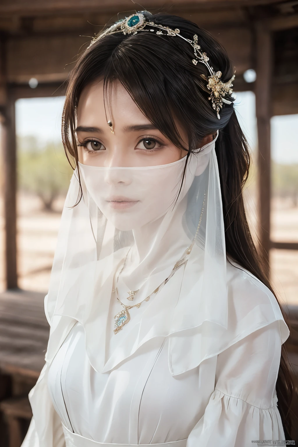 1 Beautiful Woman，Desert Princess，Dark skin（（（The eyes are very delicate）））（（（Hair accessories）））（（（veil：24））））（（（veil））），necklace，Wearing a white conservative silk dress， ((Radiant skin))（（（masterpiece）））， （（best quality））， （（Intricate details））， （（Surreal））（8K）