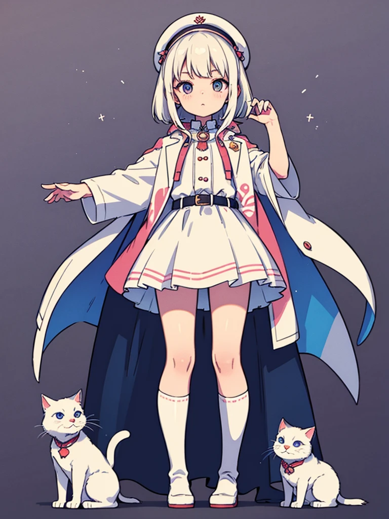 White silk knee socks,Short skirt,Boots,Lining,coat,White hair,A cat lady,,small headdress,White, light blue, light pink,Standing