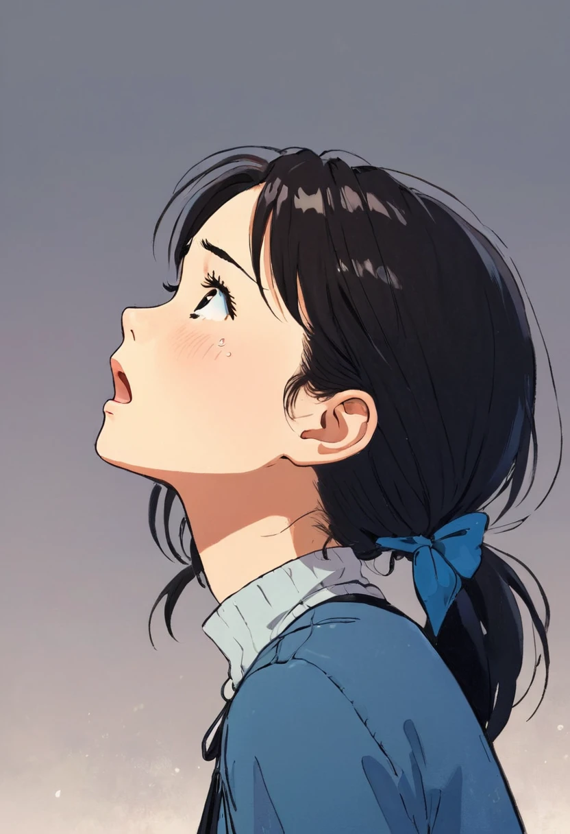 Anime style:1 girl looking up and crying,Profile,90 degree tilt of neck