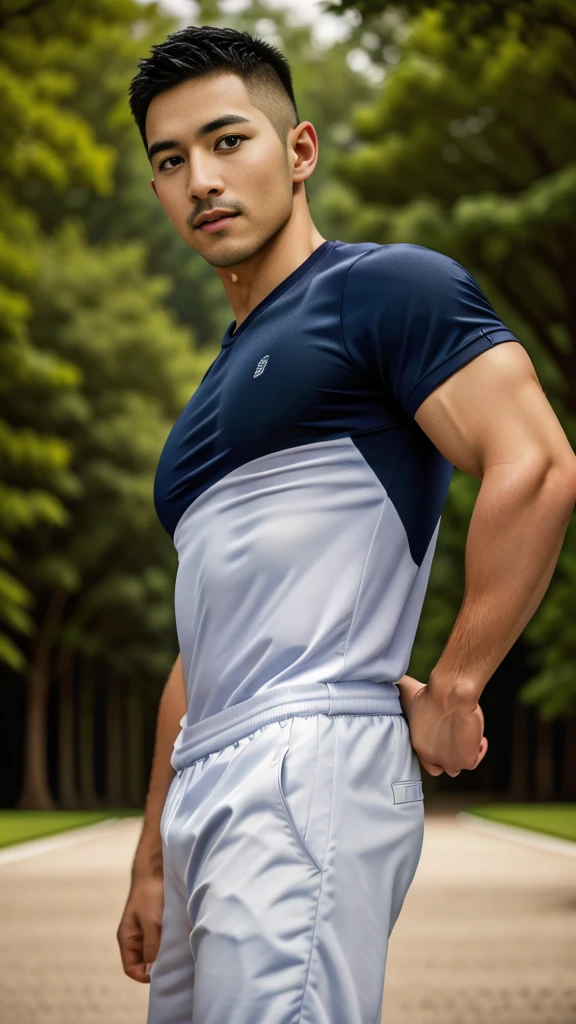 Masterpiece, best quality, high resolution, realistic, handsome, Take beautiful photos, Sayk, NRF, Photo of the 35 year old gym association (The man has a thin mustache.:1.1),Full body, Portrait, standing in the garden , make military media, weight, Amazing , Buzzcut short hair,stubble head , (Hyper Muscle),looking at the audience, Flirt with the camera, charming, (Tight navy blue workout shirt. ),(GS-Male:1), 8K,Bokeh,Portrait,look at the viewer,