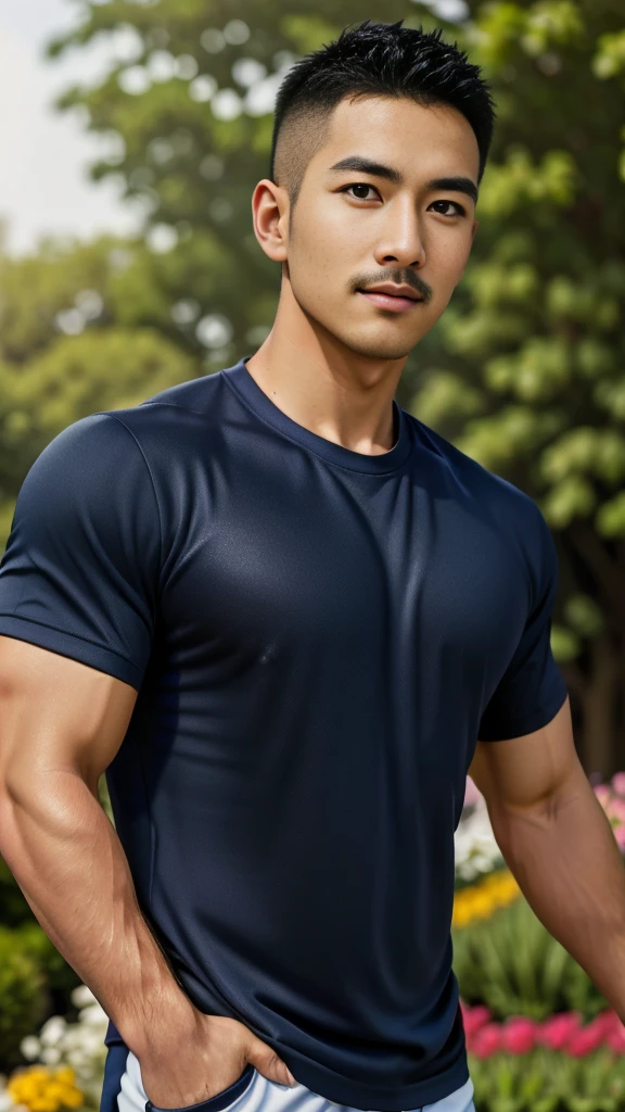 Masterpiece, best quality, high resolution, realistic, handsome, Take beautiful photos, Sayk, NRF, Photo of the 35 year old gym association (The man has a thin mustache.:1.1),Full body, Portrait, standing in the garden , make military media, weight, Amazing , Buzzcut short hair,stubble head , (Hyper Muscle),looking at the audience, Flirt with the camera, charming, (Tight navy blue workout shirt. ),(GS-Male:1), 8K,Bokeh,Portrait,look at the viewer,