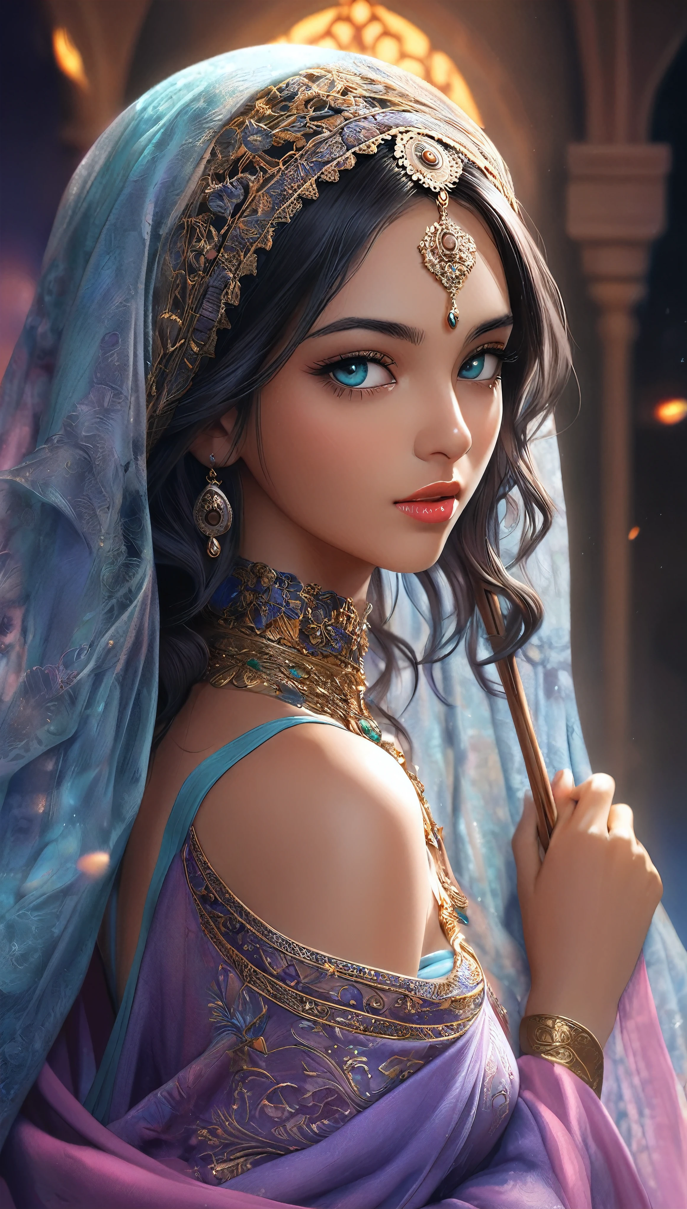 BREAK A bewitching Arab girl, Only one person, Attractive and sexy  princess, 
Arabian Nights, Aesthetic fantasy world of the Arabian Nights, The Return of Sherahezad, 
BREAK Professional spray work, Detailed and intricate texture, Detailed and intricate brushwork, Detailed and clear depiction, Anatomically correct, Absurd aesthetics, 
BREAK A special side that only she shows in front of her master, A seductive pose to captivate your partner, I submit to you❤, 
BREAK A tale of horribleness and sexiness, The pursuit of aesthetics, 
BREAK Detailed and attractive black human skin texture, Fresh and lustrous charm, Sweat that accentuates the sexiness of your skin, 
BREAK A shawl made of loosely woven, transparent lace, A luxurious silk lace material that aesthetically covers the  body, ((Eroticism adjusted to SFW)), 
BREAK Detailed and realistic silk texture, Smooth, Gloss, Supple, Transparent holographic coating, 
BREAK Attractive, clear, beautiful eyes, Aesthetic Expressions That Look at You, A look that conveys the anticipation of this evening, 
BREAK A dark background that makes the subject stand out, Light and shadows that emphasize seductiveness, dramatic cinematographic lighting, Vibrant colors, Fantastic rainbow fantasy, 
BREAK Highest quality, Highest Resolution, Optimized Octane Rendering, super retina vision, 