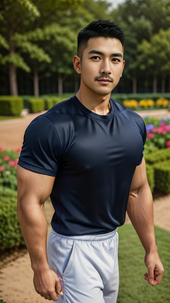 Masterpiece, best quality, high resolution, realistic, handsome, Take beautiful photos, Sayk, NRF, Photo of the 35 year old gym association (The man has a thin mustache.:1.1),Full body, Portrait, standing in the garden , make military media, weight, Amazing , Buzzcut short hair,stubble head , (Hyper Muscle),looking at the audience, Flirt with the camera, charming, (Tight navy blue workout shirt. ),(GS-Male:1), 8K,Bokeh,Portrait,look at the viewer,