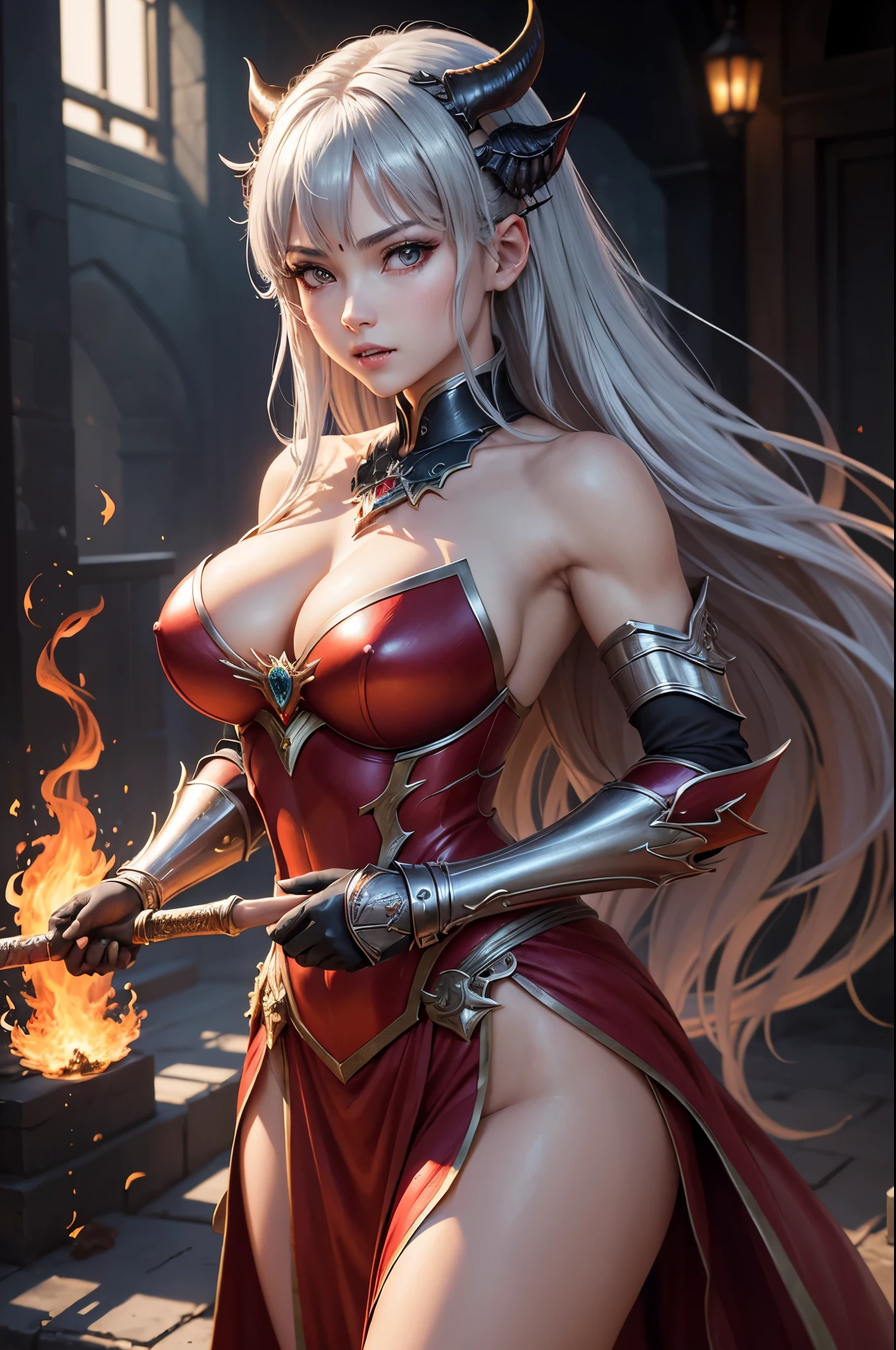 8K、赤いFlame-themed chest armor,A bewitching succubus in gorgeous red armor.,so beautiful(Like the real thing)、A long skirt with a luxurious red flame motif.,An Al-Afed woman poses for a photo with a sword and armour、Beautiful wavy silver hair、Big and ample breasts、Flame-themed chest armor(red and silver)2。5d cgi anime Fantasy artwork、Fan Art Mayor Art Station、デジタルFantasy art)、Big blow Loss Draw、Woman in armor、壮大なFantasy artスタイル、Beautiful Succubus、Charm、Beautiful fangs、Looking at the audience、Captivating Gaze、Laughter、masterpiece,masterpiece,Photorealistic RAW photos of the highest quality。Bright colors,Rich colors, Backlight, Cinema Lighting, Film Grain, to be born, 50mm lens, Nikon D850,Realistic Skin,Fantasy art,Character Art,Ultra-high resolution,Realistic scale skins,Goddess of Evil,Muscular Beauty,Extremely stiff abs,