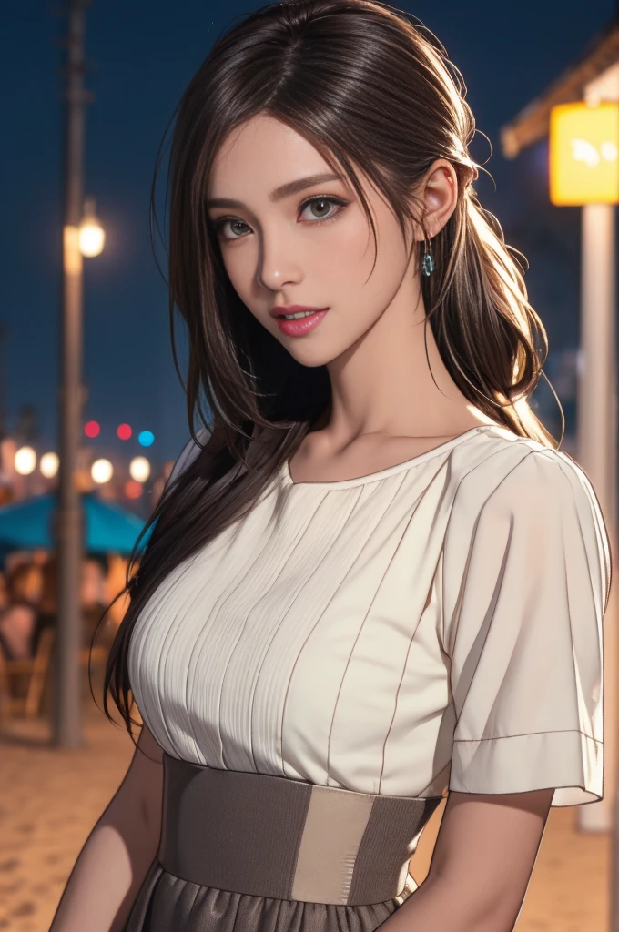 masterpiece, best quality, photo-realistic, Photoreal, very detailed, very delicate and beautiful, RAW photo, professional lighting, facial light, Depth of the bounds written, focus only, Full body Esbian, 1 girl, brown haired, brown eyes, small head, beautiful detail eyes, dark eyeliner, massive breasts, real face, real skin, lifelike face, real looking skin, detailed eye, detailed facial features, Detailed clothing characteristics, (fashion clothing:1.3), (fashion hairstyles:1.3), looking at the viewer, simple background, Magnificent face and big, beautiful teeth, the beach at night