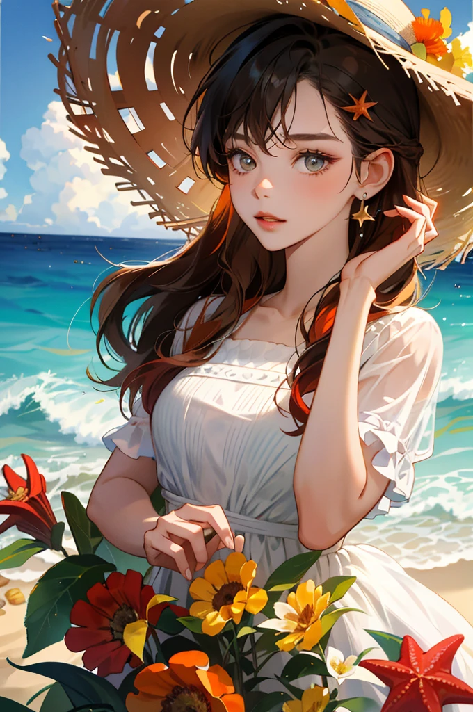 A very detailed watercolor painting, Has flowers that are reminiscent of summer, Depicting a beautiful woman