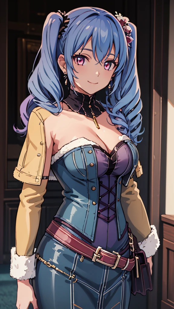 (masterpiece, best quality:1.2), solo, 1girl, smile, looking at viewer, hand on hip, twintails, purple shirt, strapless dress, corset, earrings, belt, cleavage
