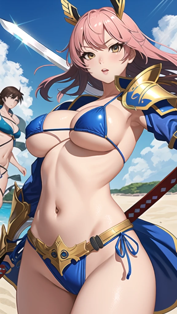 Cartoon character with sword, Art inspired by Masamune Shirow, Armor Girl, Bikini Armor, Bikini Armor, Bikini Armor female knight, Bikini Armor, tits, Knight Girl, tits、Intense battle scenes,topless, White thighs,Vertical belly button、Skin radiance