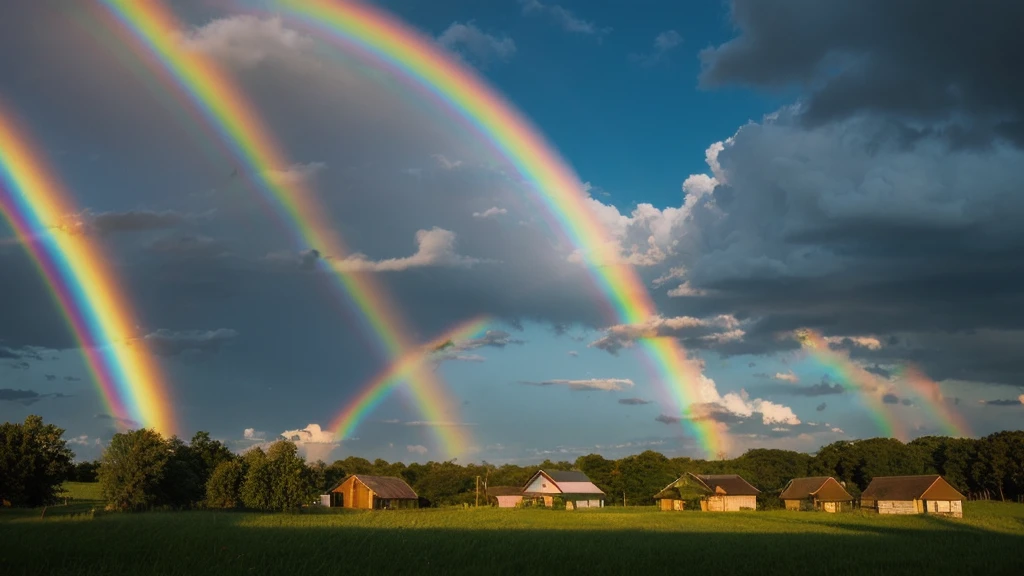 A double rainbow in the sky after the rain、Country town landscape、Studio Ghibli、Studio Ghibli風アニメ