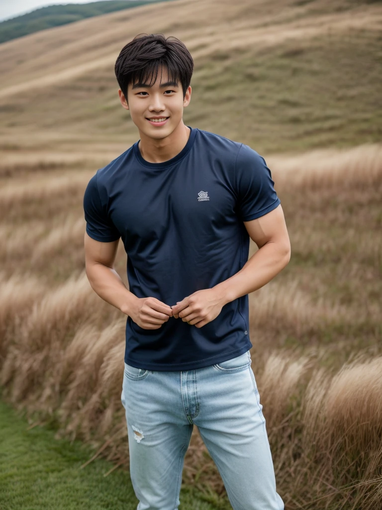 独奏: 1.5, (As a matter of fact, Masterpiece, 8k HD, good light quality, sportswear, fit the face, complicated details), A handsome Korean young man with muscular arms. , 20 years old, be happy, smile brightly, detailed face, delicate eyes, look at the sky, Wear a navy tight T-shirt.:1.6 ,Wear a denim coat., jeans period, black eyes, Black hair color, ผมsmooth, smooth，Surreal，Awesome details，Highest quality，real，Open your mouth to talk. , Close your eyes., (standing in the grass:1.5)