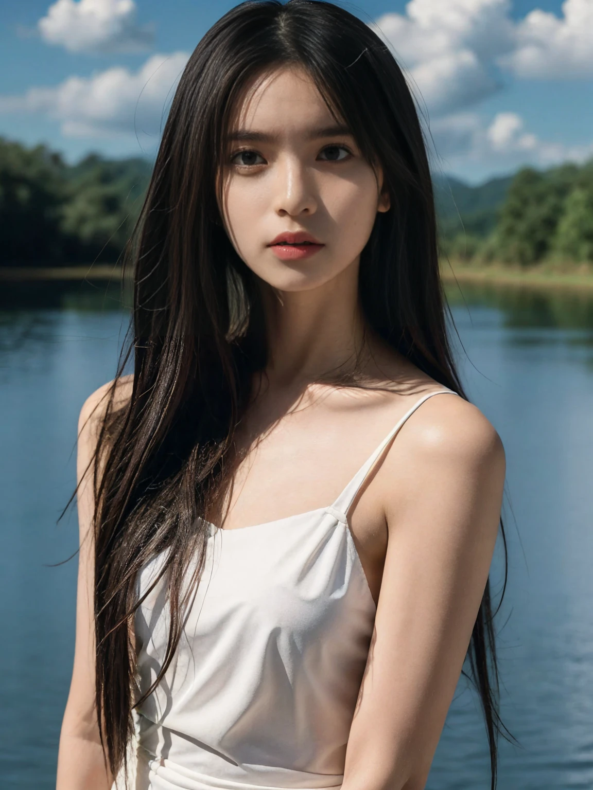 A beautiful 25 year old girl is in the Amazon River, Brazil, Long straight black hair down to the ass, big black eyes, tanned skin color from the sun, sun, clouds and rivers, (superior quality), (high resolution), (realistic), (cinematic), being a genuinely japanese beauty, body forward facing, slender body