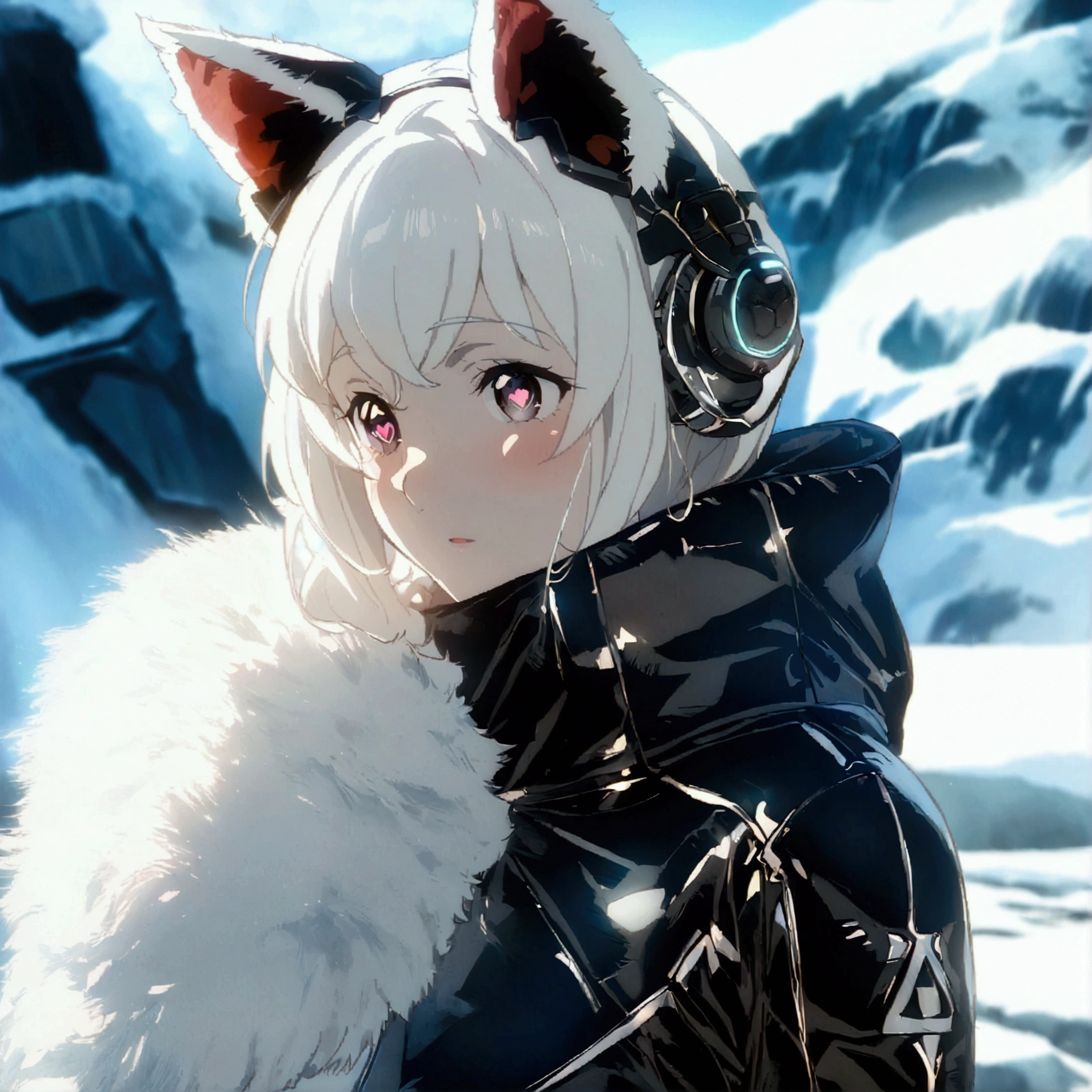 Masterpiece, High quality, High quality of art, best quality, best details, anime lineart, anime artstyle, 2d anime girl, anime girl, solo, 1girl,white hair, white skin, black eyes, white fur Coat, white hearts in eyes, Black futuristic latex and titanium clothing with a coat, in future base in Antarctica