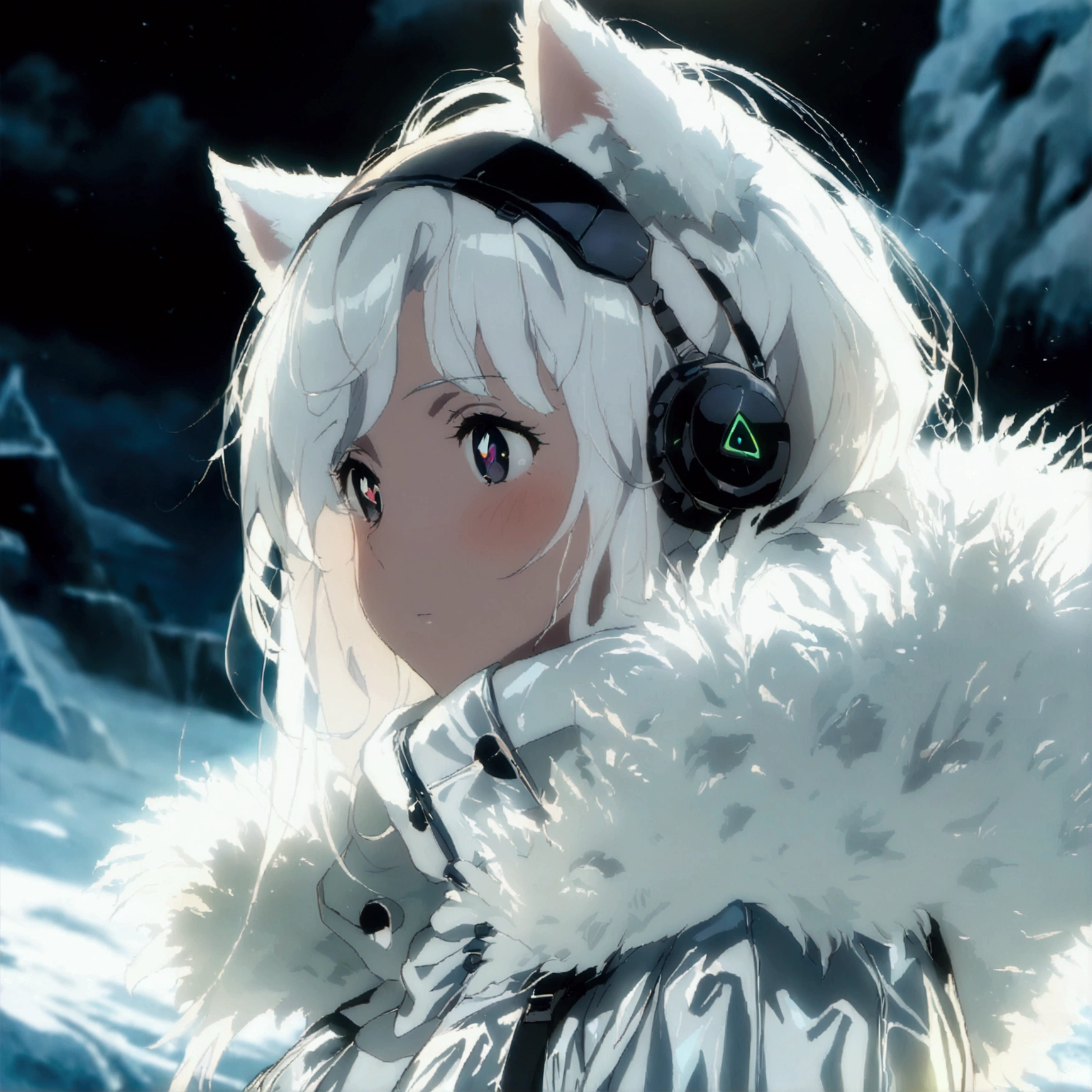 Masterpiece, High quality, High quality of art, best quality, best details, anime lineart, anime artstyle, 2d anime girl, anime girl, solo, 1girl,white hair, white skin, black eyes, white fur Coat, white hearts in eyes, Black futuristic latex and titanium clothing with a coat, in future base in Antarctica