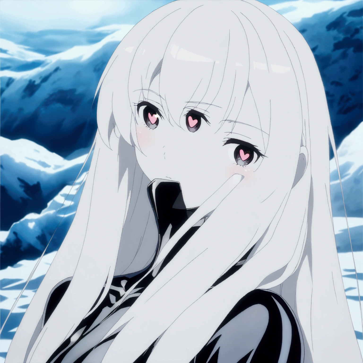 Masterpiece, High quality, High quality of art, best quality, best details, anime lineart, anime artstyle, 2d anime girl, anime girl, solo, 1girl,white hair, white skin, black eyes, white fur Coat, white hearts in eyes, Black futuristic latex and titanium clothing with a coat, in future base in Antarctica